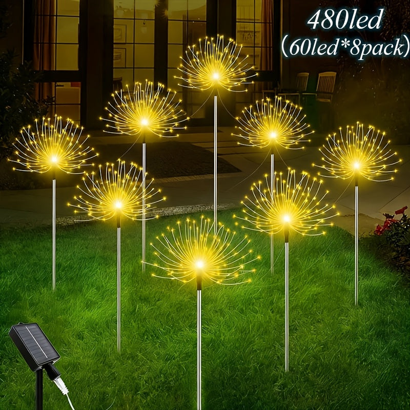 8包装480LED户外太阳能花园灯，升级版户外太阳能智能烟花灯，8种照明模式，适合花园庭院户外装饰，万圣节圣诞节户外装饰，配备智能传感器——光感传感器