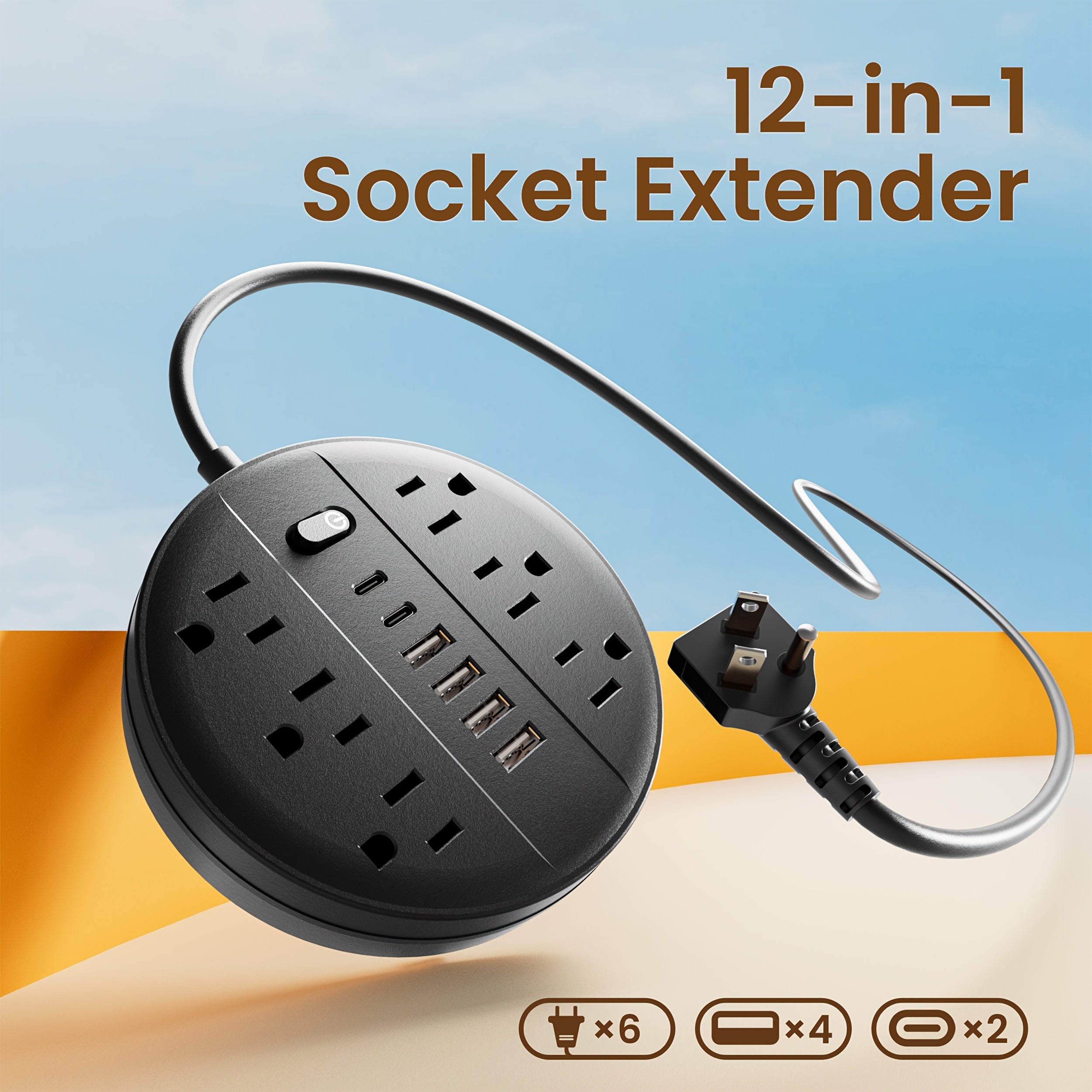 1pc 12-in-1 Multi-functional Power Socket With Surge Protector, 6 AC Outlets, 4 USB Outlets And 2 Type-c Ports. Wall-mountable Power Extension. Portable And Compact Design. Suitable For Home, Office And School. In White And Black.
