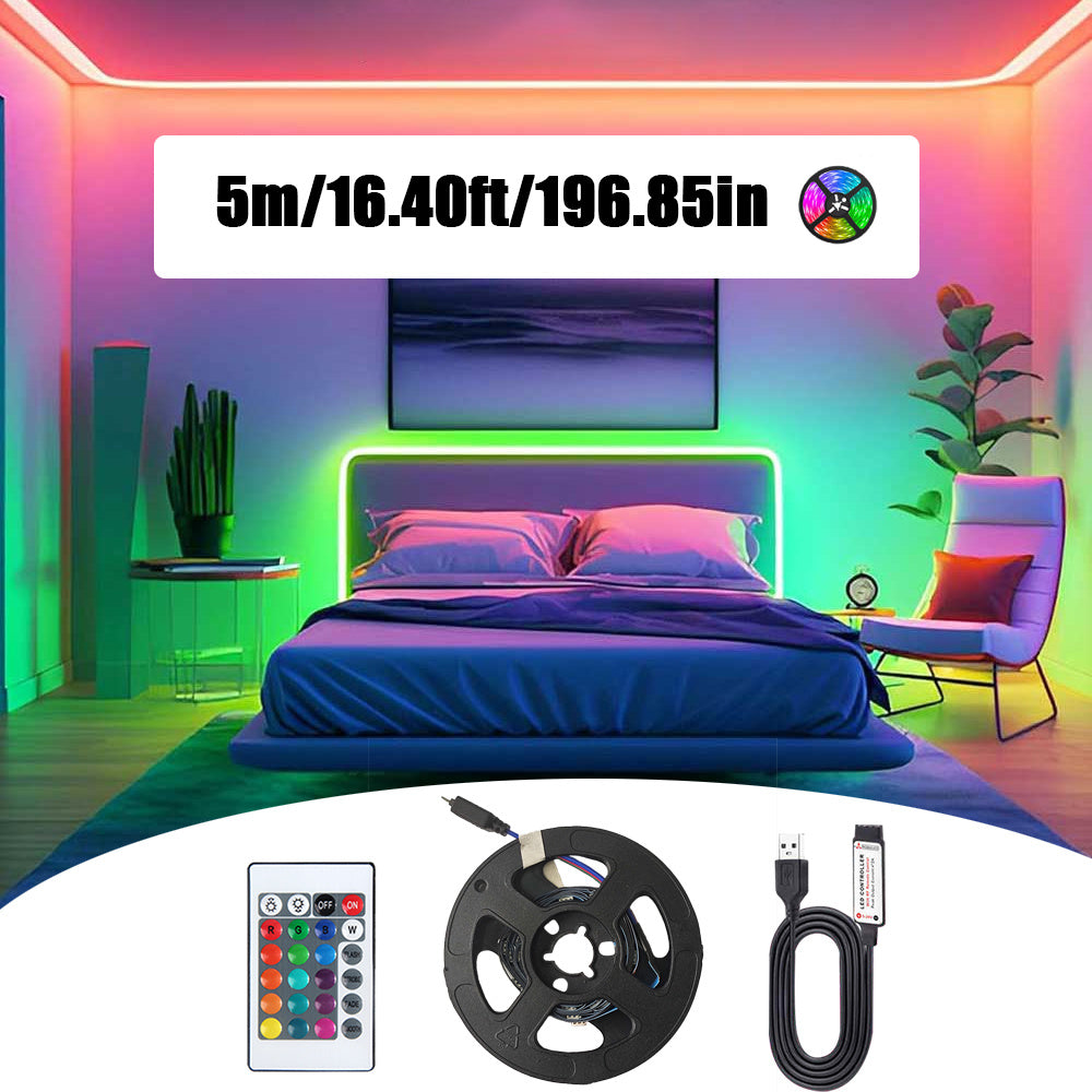 RGB 5050 LED灯带配24键控制器，变色发光LED灯串，39.37英寸至1574.8英寸LED灯带，适用于卧室、厨房、电视背景墙及节日装饰（圣诞节、万圣节、生日）