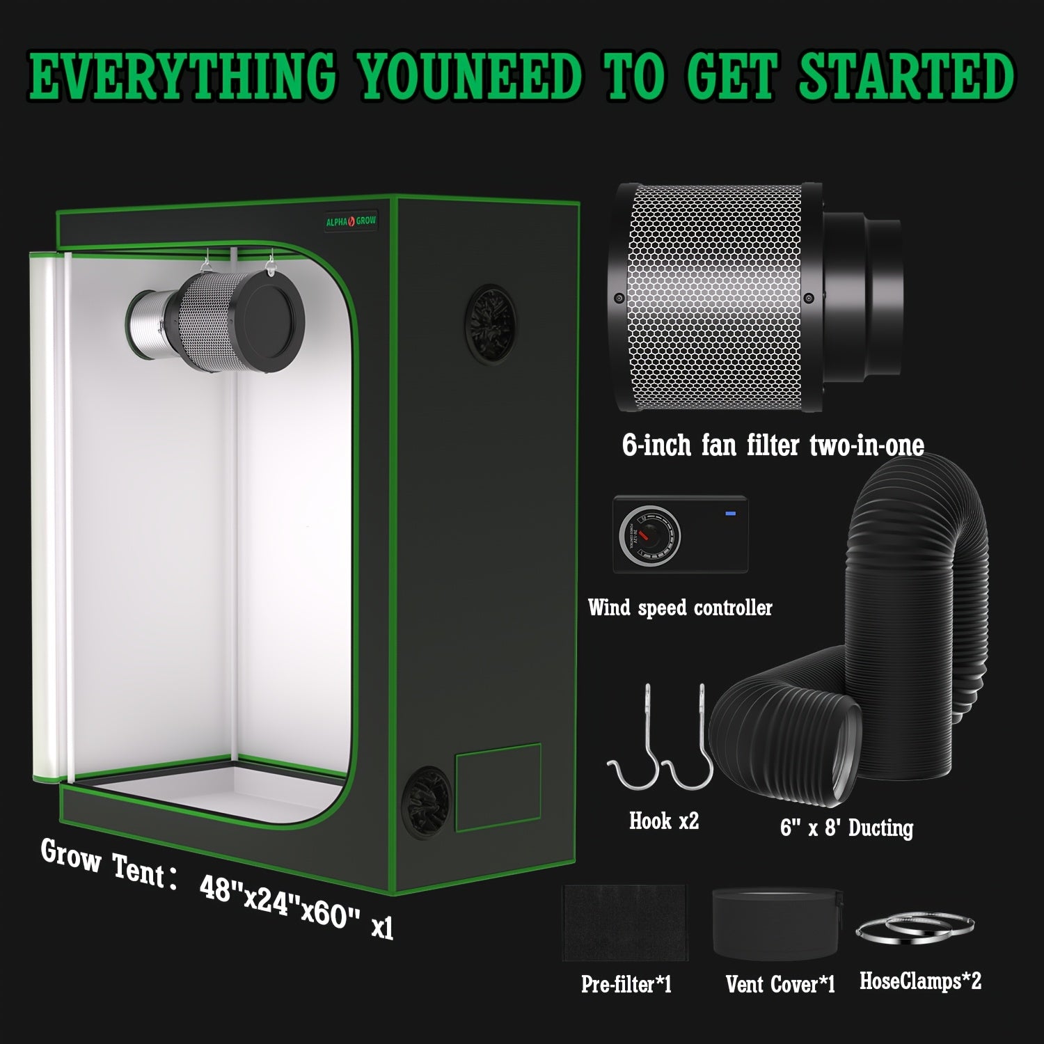 1800D Material 48x24x60 Inch (≈4x2 Ft) Hydroponic Grow Tent, Optional Accessory Kit: 100W Dimmable LED Light, 8ft Ducting, 4"/6" Vents, Optional Standard Independent Fan & Filter Combo or New Integrated Fan-Filter Unit