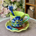 1SET Ceramic Hand-Painted Van Gogh Classic Oil Painting Cup & Saucer Set, 1PCS 3D Handmade Starry Sky, Almond Blossom, Sunflower, Iris Tea Cup & Coffee Cup, 1PCS Round Saucer, 1PCS Spoon, Exquisite Table Décor