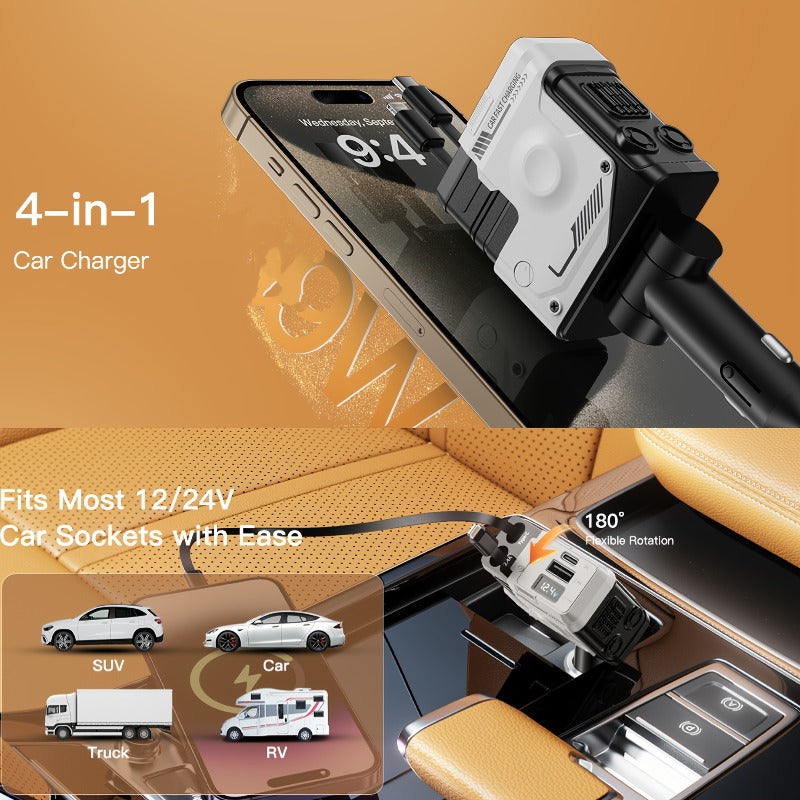 A Stylish Mech Car Charger That Offers Fast Charging, Supports Simultaneous Charging of Four Devices, Includes Two Retractable Cables, Features 180-Degree Rotation Adjustment, Has a Voltage Display Function