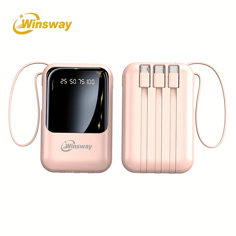 Winsway 10000mAh 可攜式掛繩行動電源，具備大容量和快速充電功能。內建 4 條充電線，可同時為 4 個行動裝置充電。LED 顯示螢幕清晰方便。旅行聖誕禮物的必備單品