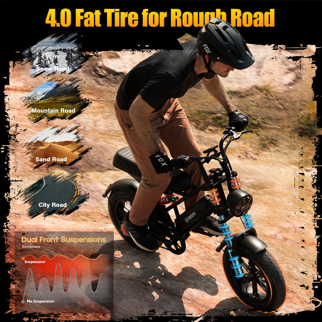 ESKUTE V100 成人电动自行车 | 749W 额定功率电机，27.9MPH 最高速度，最大行驶距离达 60 英里，16 英寸大轮，48V 13Ah 电池，7 速，全地形双悬挂，都市风格