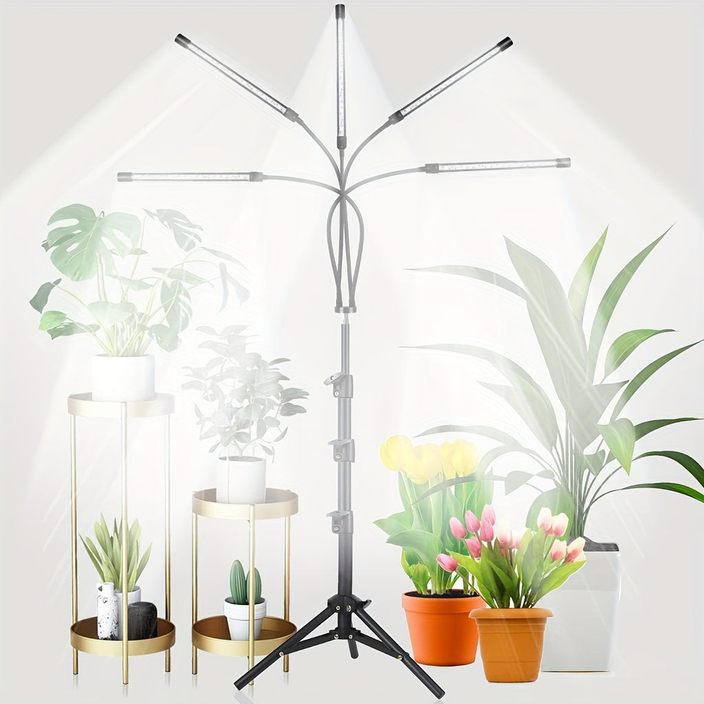 5/4 Heads Grow Light with Stand, White & Warm White Spectrum Indoor Plant Lamp, 10 Dimmable Brightness Levels, 3/9/12H Timer, 3 Switch Modes, Adjustable Gooseneck for All Plant Growth