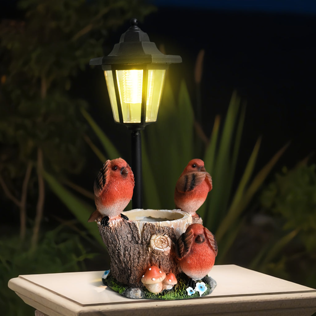 Multi-Functional Courtyard Resin Bird Flower Pot Outdoor Statue Solar Light, Garden Path Villa Landscaping Home Decorative Light, Balcony Corridor Ambient Night Light, Red Resin Bird Sculpture Light, Suitable Christmas Gift for Friends