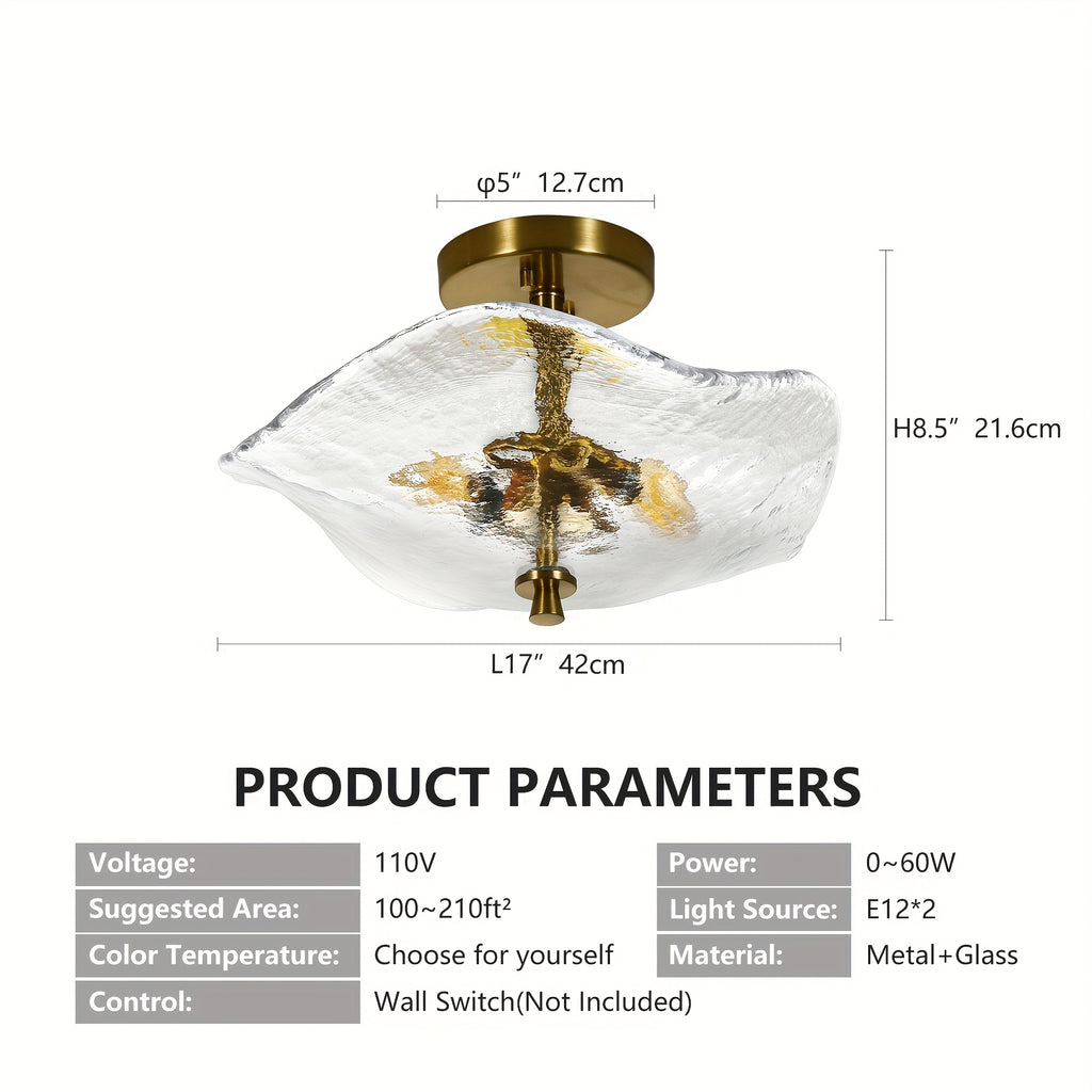 16.5-inch modern semi-flush mount ceiling light (gold), dual-light ceiling light, elegant near-ceiling lighting, with water lily-shaped clear glass lampshade, suitable for bedroom, dining room, entryway and bathroom (E12 base, bulb not included)