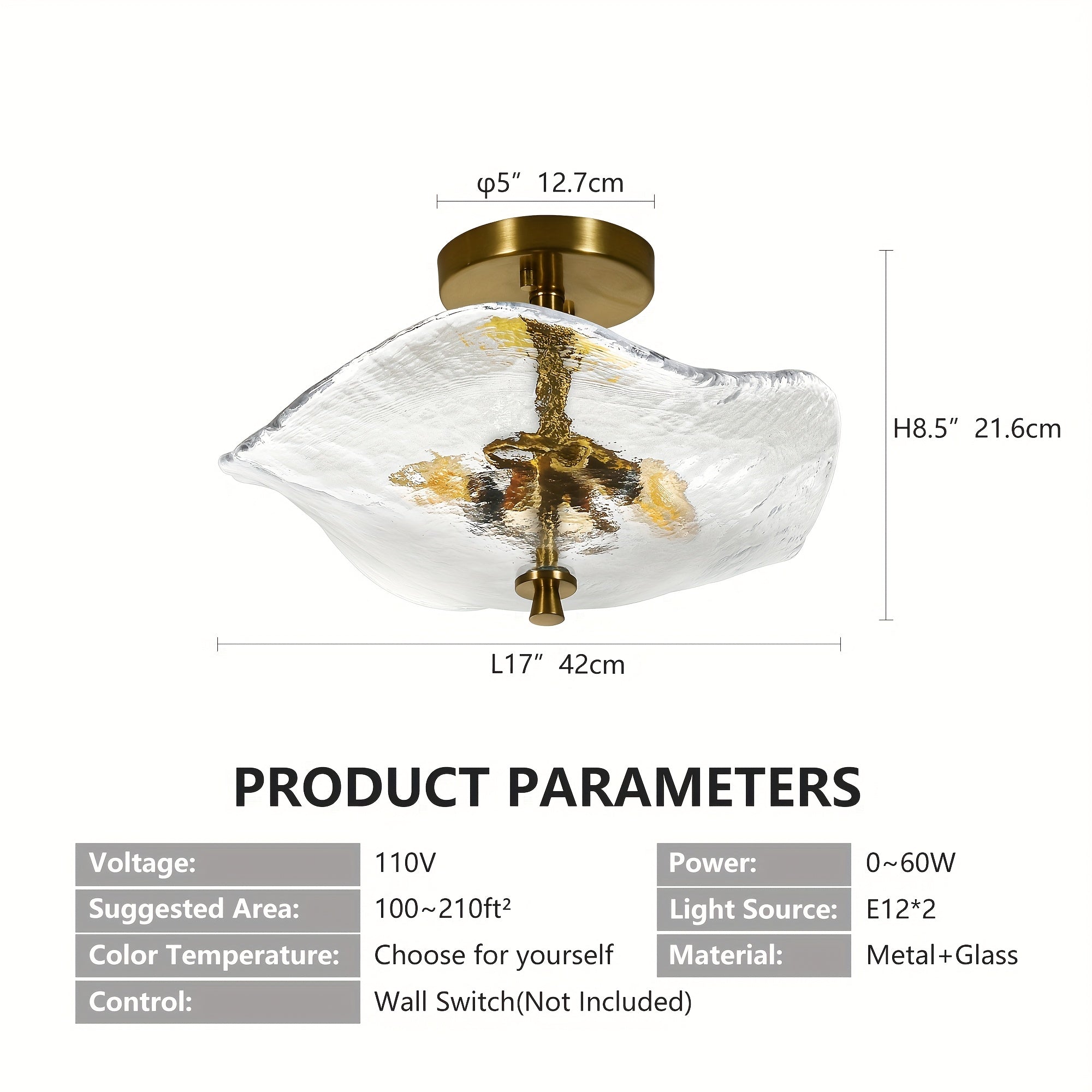 16.5-inch modern semi-flush mount ceiling light (gold), dual-light ceiling light, elegant near-ceiling lighting, with water lily-shaped clear glass lampshade, suitable for bedroom, dining room, entryway and bathroom (E12 base, bulb not included)