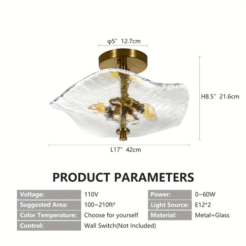 16.5-inch modern semi-flush mount ceiling light (gold), dual-light ceiling light, elegant near-ceiling lighting, with water lily-shaped clear glass lampshade, suitable for bedroom, dining room, entryway and bathroom (E12 base, bulb not included)