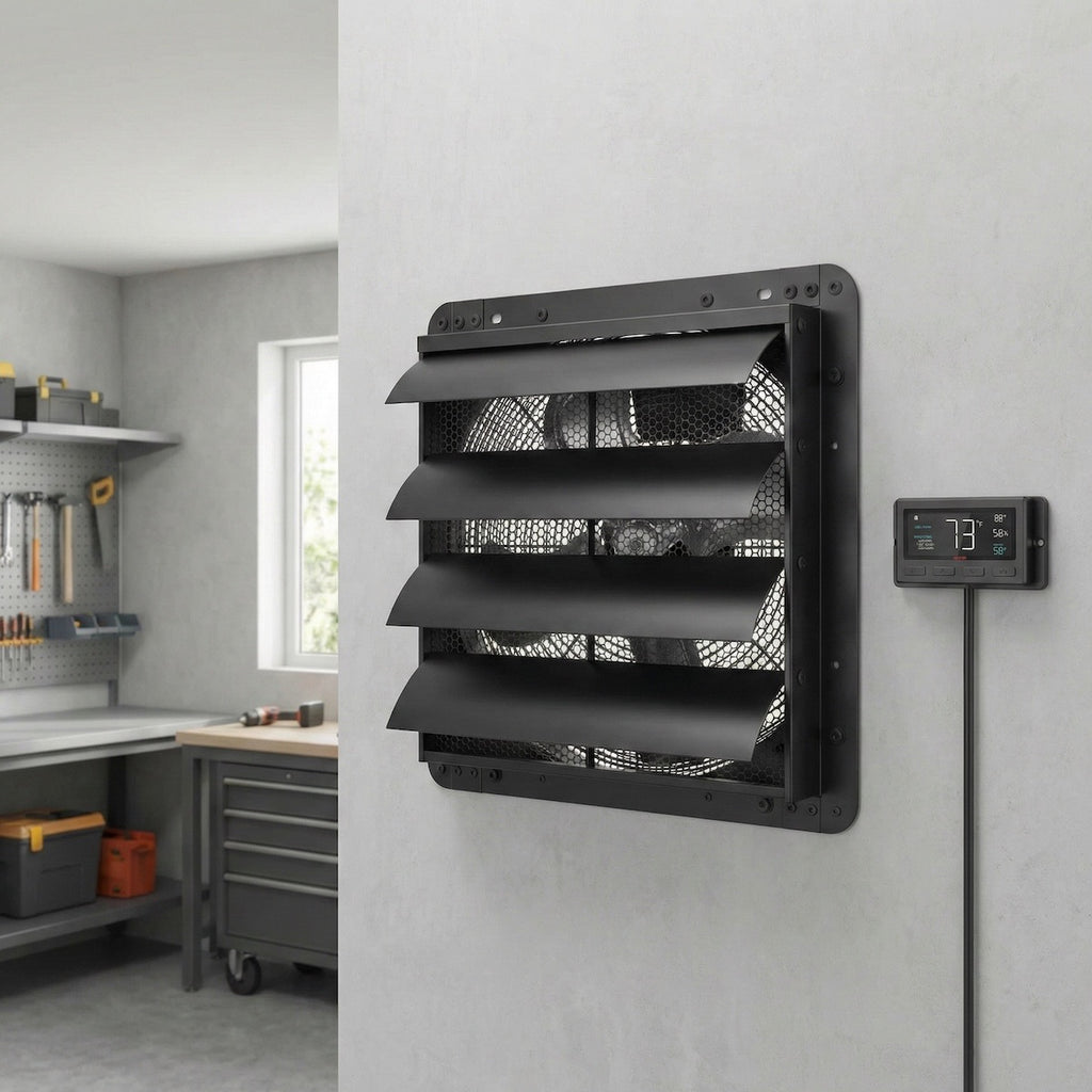 Shutter Exhaust Fan, 406mm, with Temperature and Humidity Controller, EC Motor, 1747 CFM Airflow, 1600 RPM, 70W Power Consumption, 16 Inch, Net Weight 6.1KG, Adjustable Speed Wall Mount Attic Fan
