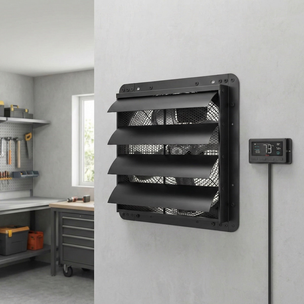 Shutter Exhaust Fan, 406mm, with Temperature and Humidity Controller, EC Motor, 1747 CFM Airflow, 1600 RPM, 70W Power Consumption, 16 Inch, Net Weight 6.1KG, Adjustable Speed Wall Mount Attic Fan