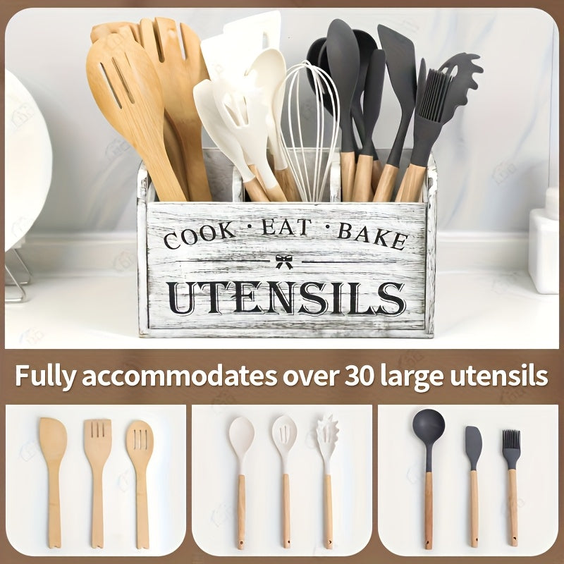 3 Compartment Rustic Wooden Kitchen Utensil Rack, Countertop & Wall Mount Kitchen Storage Organizer, Kitchen Accessories Holder for Fork Spoon Cooking Tools, Multifunctional Kitchen Organizer