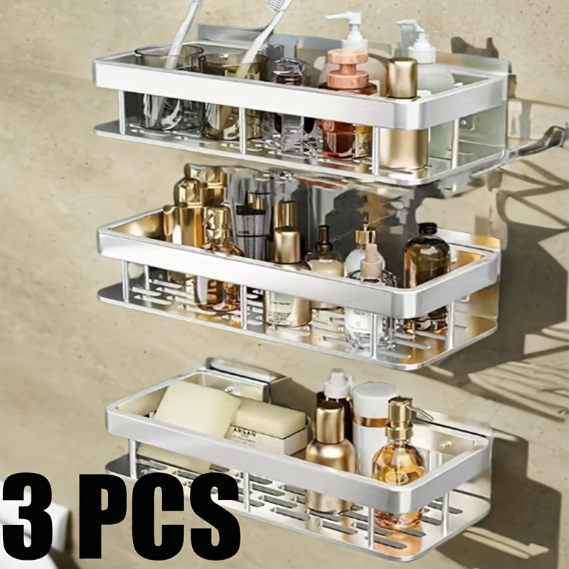 1/2/3-Piece Metal No-Drill Bathroom Shelf - Thickened & Easy Install, Wall Mount Storage Rack, Large Capacity Black-Silver Multi-Functional Holder for Bathroom & Toilet