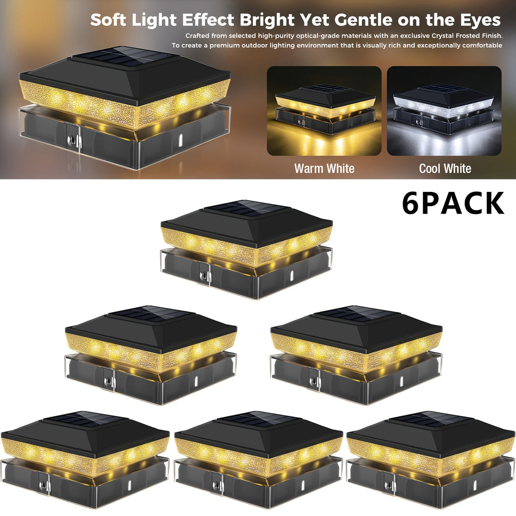 6/14 Pack Solar Post Cap Light, Fits 4x4 and 3.5x3.5 Inch Vinyl/Wood Posts, Dual Color Temperature (Warm White/Cool White) Two Lighting Modes, Dusk-to-Dawn Auto On/Off, IP65 LED Outdoor Fence and Patio Light, Black