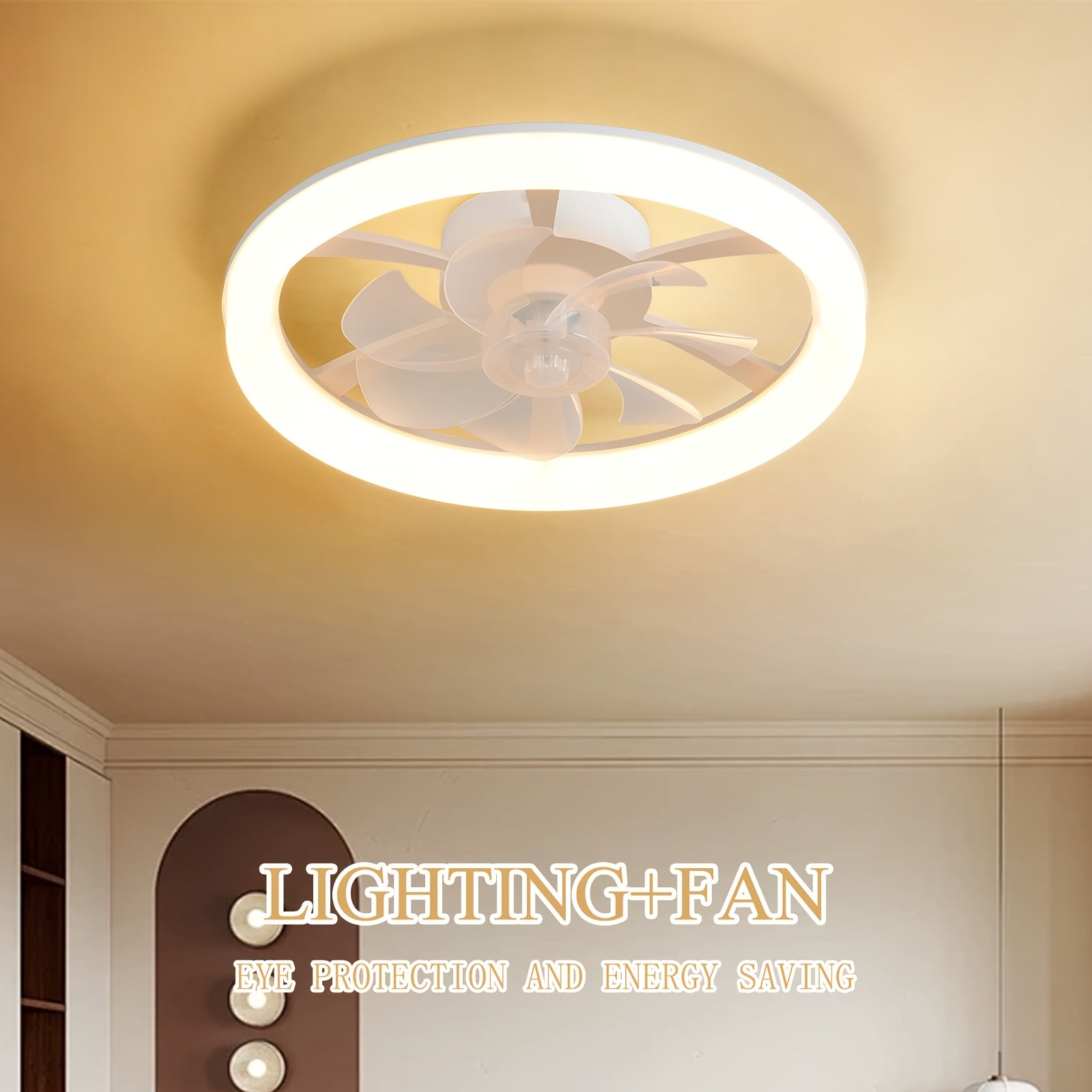 Bedroom Ceiling Fan Light with Remote Control, 17.72 Inch Diameter, Low Profile Flush Mount Upgrade Fan, 6 Speed Levels, Dimmable LED Light, Quiet DC Motor Operation