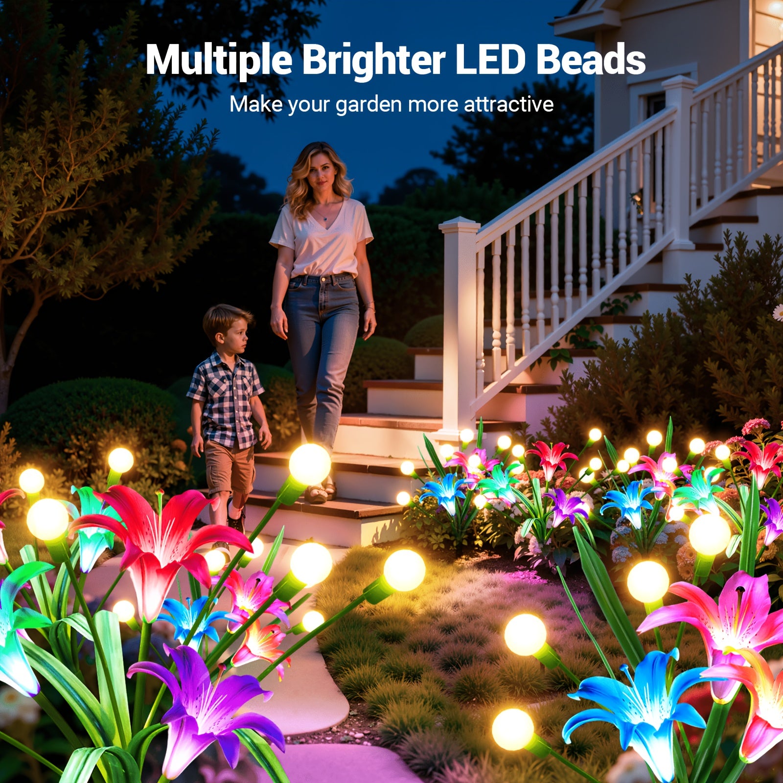 8/4 Pack Solar Garden Light Set - New Upgraded Outdoor Solar Light, 7-Color Changing Lily Light, Perfect for Courtyard, Includes 12 Realistic Lilies & 24 Firefly Lights, Garden Decoration, More Realistic Lily Flower - Birthday & Holiday Gift