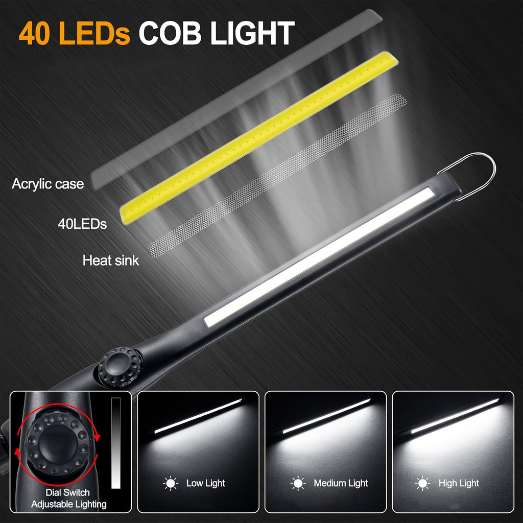 1/2Pcs Super Bright Handheld Work Light Rechargeable LED Flashlight Power Level Display Rotatable Dimmable Hands-Free COB Flashlight With Hook USB Charging for Fishing Hiking