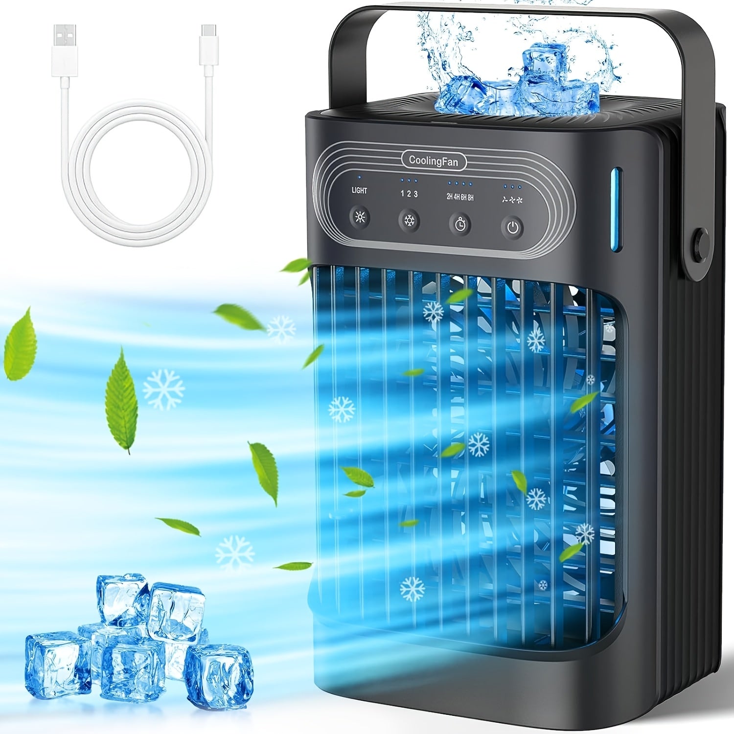 Upgraded 10W Portable Cooling Fan & Evaporative Air Cooler, 3-in-1 Function, 3 Wind Speeds, 7 LED Lights, 3 Cooling Mist Modes, 2–8 Hours Timer, Personal Mini Compact Air Conditioner