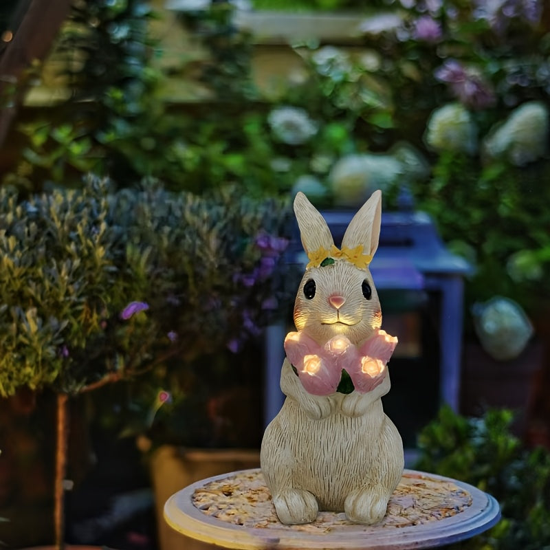 IP65 Outdoor Solar Statue Light Resin Rabbit Holding Tulip Flower Light with LED Ambient Light Courtyard Home Decoration Lawn Steps Patio Path Decoration Valentine's Day Thanksgiving Easter Halloween Christmas Holiday Gift