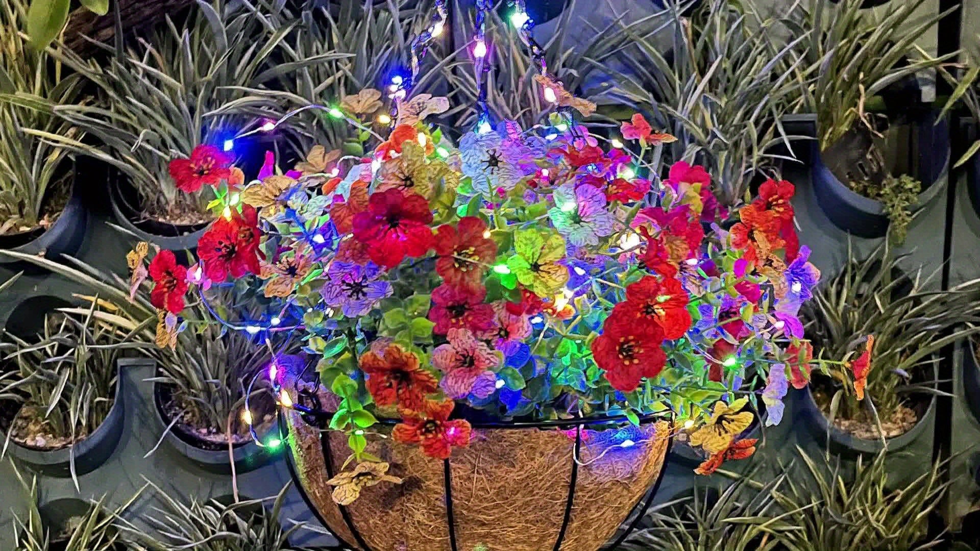 One-Piece Solar Hanging Light with Automatic On/Off Sensor, Solar Flower Basket Light with Artificial Plants - Outdoor Garden, Courtyard, Path, Lawn Decoration - Landscape Solar Lighting, No Wiring Needed, Durable Plastic Structure