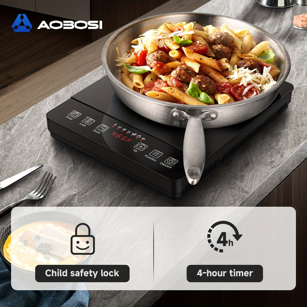 AOBOSI 1800W Portable Induction Cooktop, Single Burner Countertop Stove, LCD Screen, 17 Power Levels / 20 Temperature Settings
