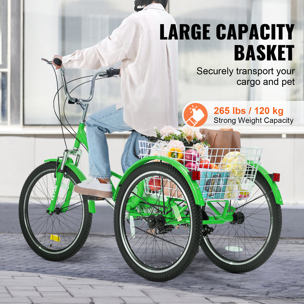VEVOR 24 英寸 7 速成人折叠三轮车 - 碳钢 3 轮巡航车，带篮子和可调节座椅 - 购物和野餐的折叠三轮车，适合女性、男性和老年人（蓝色/橙色/绿色/粉色）