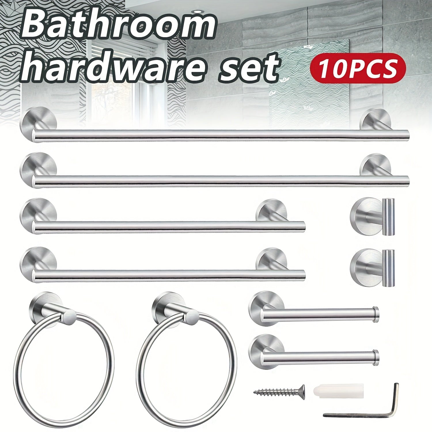 10-Piece Bathroom Hardware Accessory Set - 23.6" Towel Bar, Towel Ring, Toilet Paper Holder, Robe Hook, Stainless Steel Bathroom Accessories Combo