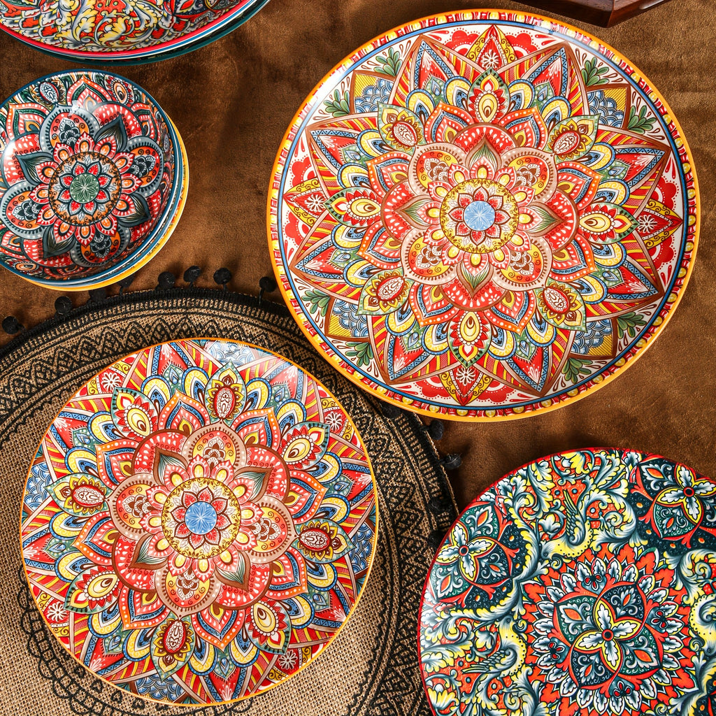 10.5-Inch Ceramic Plates, Home & Restaurant Ceramic Dinnerware – Perfect for Steak, Pasta, Fruit, Bread – Bohemian Style Ceramic Dinnerware Set – Microwave & Oven Safe