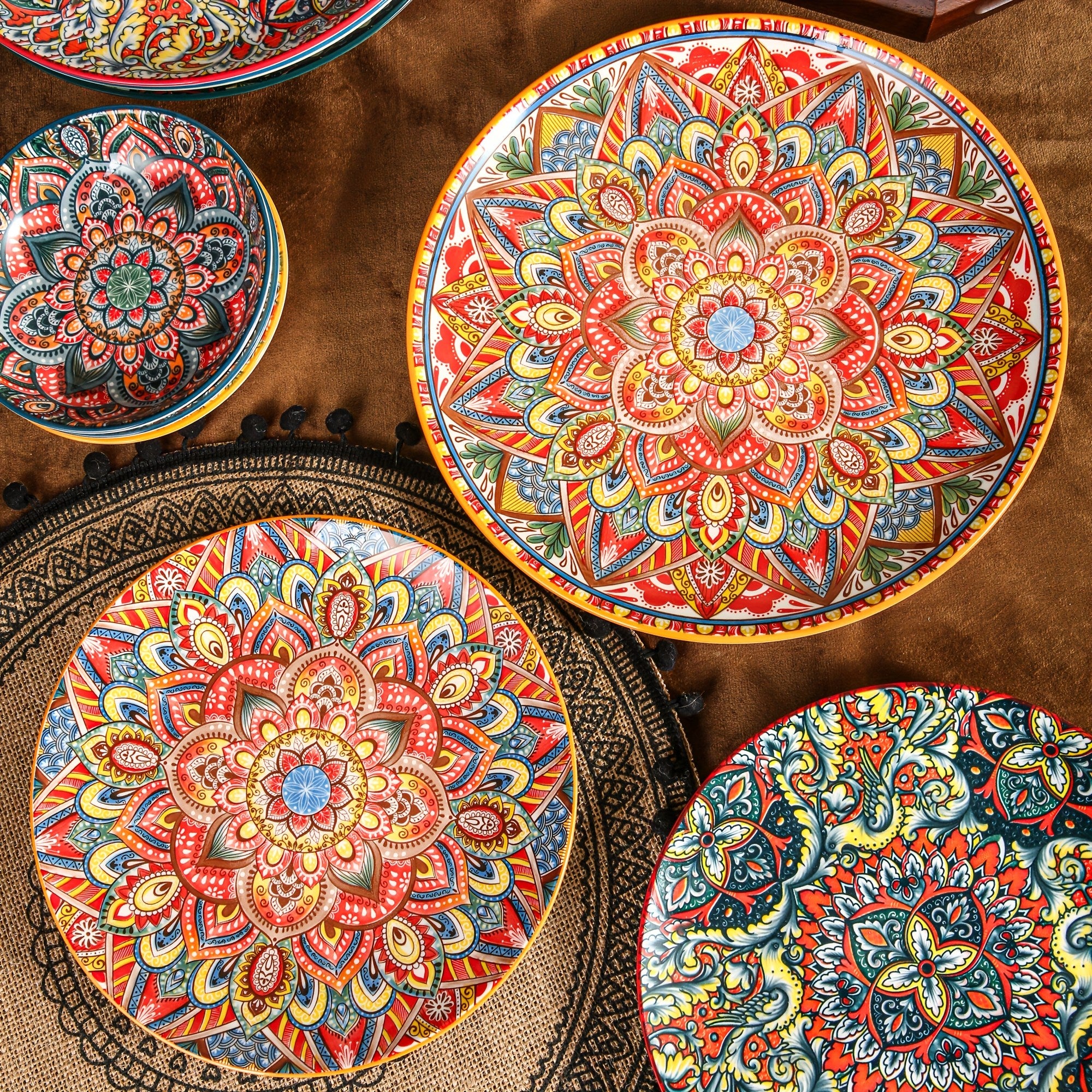 10.5-Inch Ceramic Plates, Home & Restaurant Ceramic Dinnerware – Perfect for Steak, Pasta, Fruit, Bread – Bohemian Style Ceramic Dinnerware Set – Microwave & Oven Safe