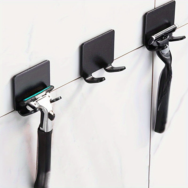 3-Pack No-Drill Adhesive Razor Holder & Towel Hook - Wall Mount Bathroom Storage Set, Drill-Free for Tile, Mirror, Door, Plastic Material, Bathroom Organizer