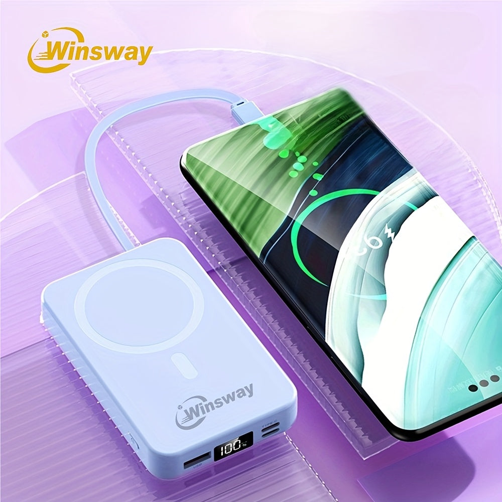 Winsway 10000mAh 磁吸無線行動電源，22.5W 快速充電行動電源，包含 Type-C 資料線、USB 連接埠、LED 螢幕和可折疊支架，適合送給 Iphone 和 Android 裝置的聖誕禮物
