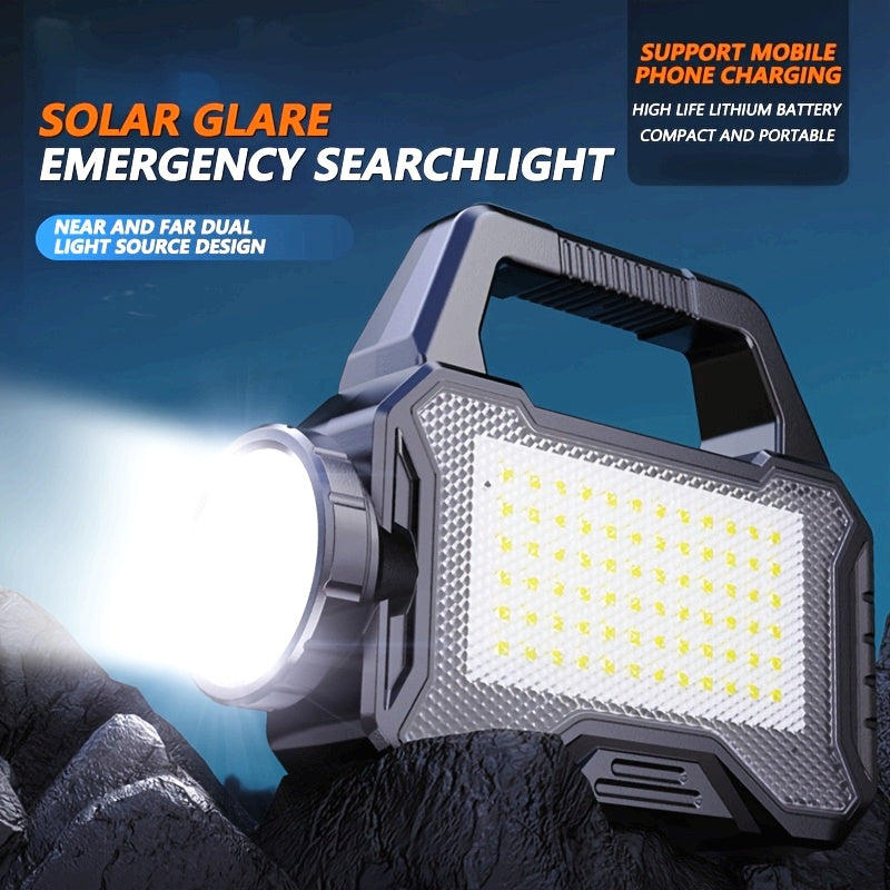 One Rechargeable Portable Solar Flashlight, Multi-Functional Handheld Light, Emergency Flashlight, Rechargeable, Can Be Used as a Power Bank for Mobile Phones, Ideal for Camping & Fishing