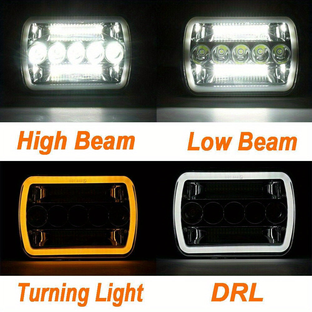 7-Inch Five-Eye Angel Eye Square Light (Pair) Four-Light Mode, 60W Headlight, Suitable for Most Vehicles with 7x6 Inch or 5x7 Inch Sealed Beam Headlights