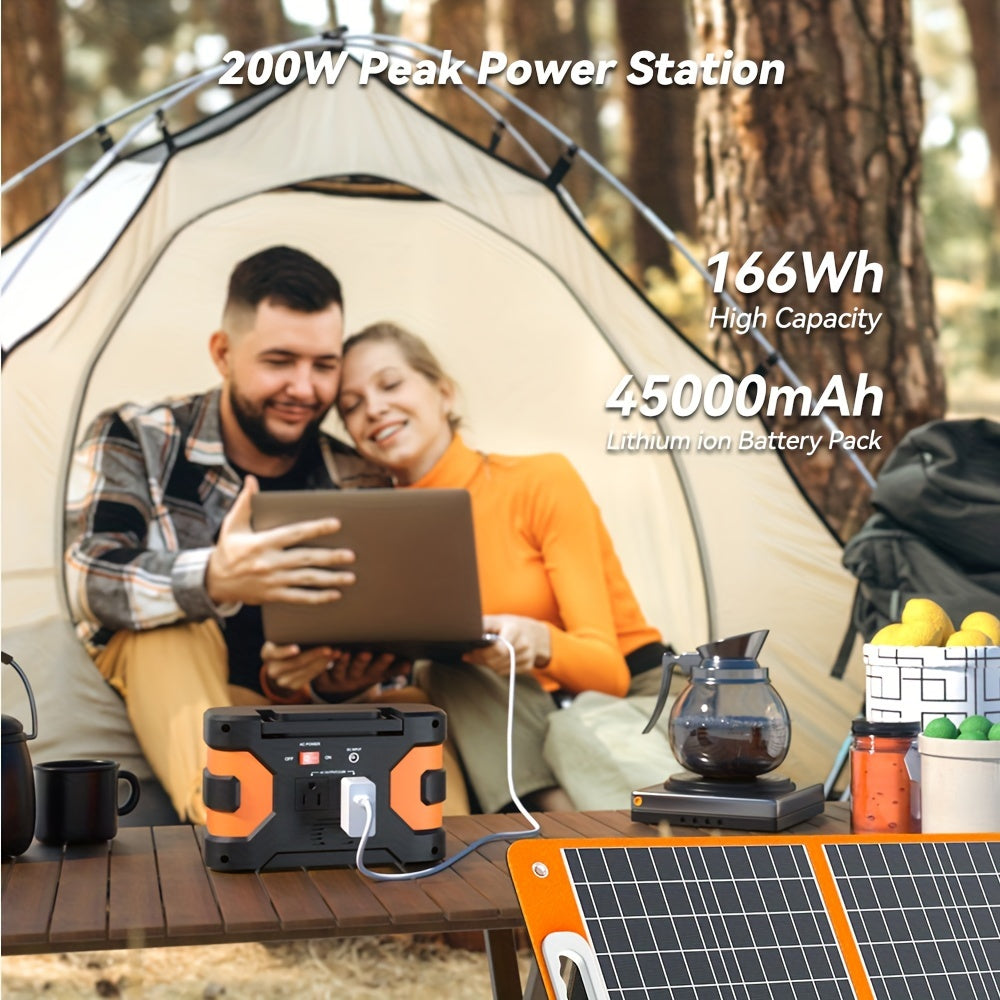 內含太陽能板的太陽能發電機，Flashfish 150W 便攜式電源站+60W 太陽能板，2 個 150W AC 插座，166Wh/45000mAh 備用電源緊急電源供應，適用於家庭停電/露營車/露營
