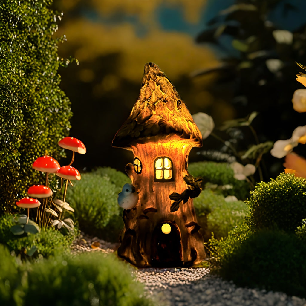 Resin Craft Solar Light, Bird Tree House Statue Ornament, Suitable for Garden, Courtyard, Lawn, Pond, Balcony, Windowsill, Tabletop, Holiday Decoration, Gift for Friends