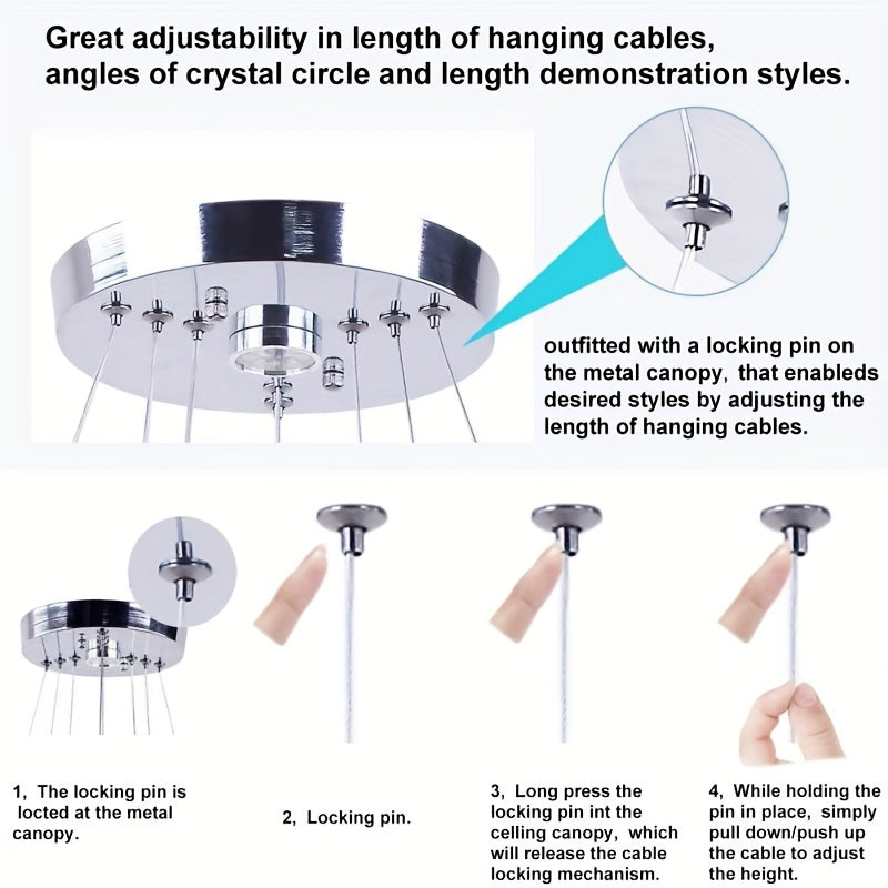 Crystal Chandelier LED Square Ring Pendant Light, Height-Adjustable Chandelier Lamp (Cool White)
