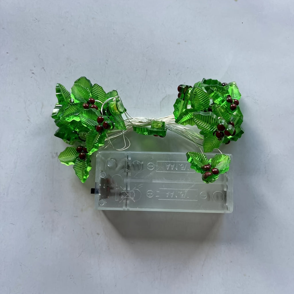 LED圣诞冬青串灯带红色浆果和绿叶 - 电池供电，适用于树、室内、壁炉、门、新年、派对、墙面装饰 - 节日灯饰（不含电池）