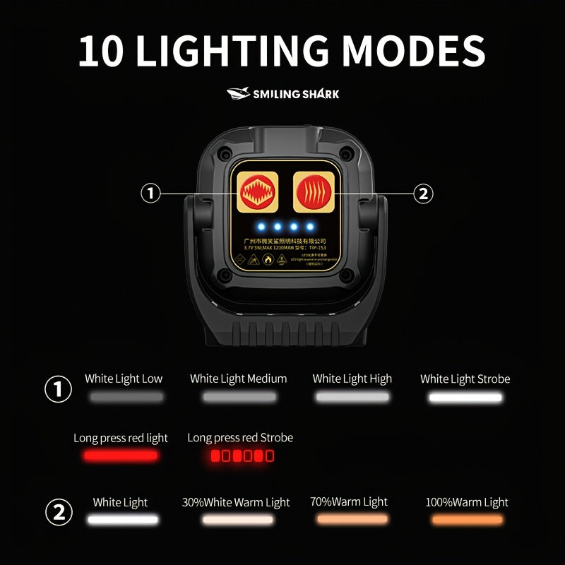 微笑鲨可充电工作灯，超亮49颗LED露营灯，旋转支架聚光灯，白光与暖光泛光灯，10种灯光模式工作灯，带挂钩手持灯，带电量指示灯，适用于露营、应急、维修 TIP153