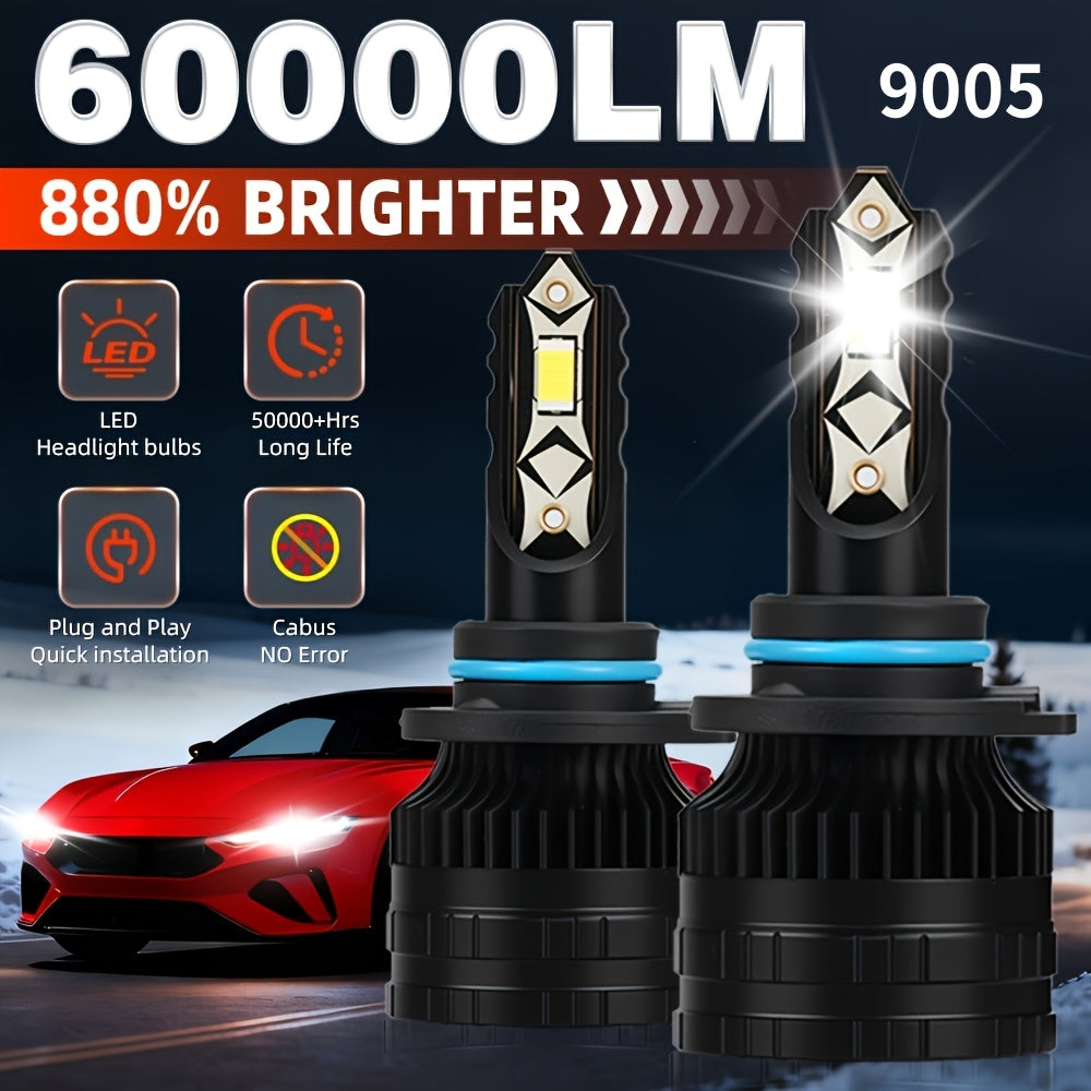 Car LED Headlight Kit (2Pcs), Model H4/HB2/9003, Compatible with 9005, 9006, H1, H4, H7, H11, H8, H9, Brightness 6500K, 12V Voltage, Luminous Power 200W, High Brightness 60000 Lumens, No Battery