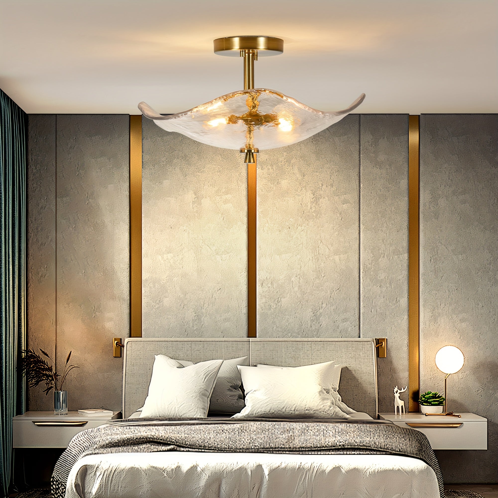 16.5-inch modern semi-flush mount ceiling light (gold), dual-light ceiling light, elegant near-ceiling lighting, with water lily-shaped clear glass lampshade, suitable for bedroom, dining room, entryway and bathroom (E12 base, bulb not included)