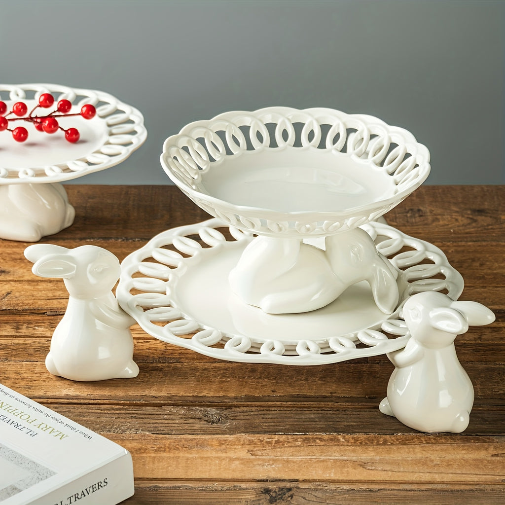 Ceramic Rabbit Cake Tray Dessert Stand Deep Fruit Plate, Ideal for All Kinds of Party Snack Trays, European Creative Decorative Storage Display Pierced Tray/ Fr: Plat à gâteau en céramique lapin, Support à desserts, Plat profond à fruits