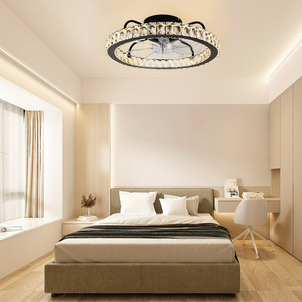 Ganeed Modern Dimmable LED Crystal Ceiling Fan Light, 19.69 Inch Black Round Ceiling Fan with Light and Remote, Bladeless Semi Flush Mount Indoor Fan Fixture for Living Room Kitchen Bedroom