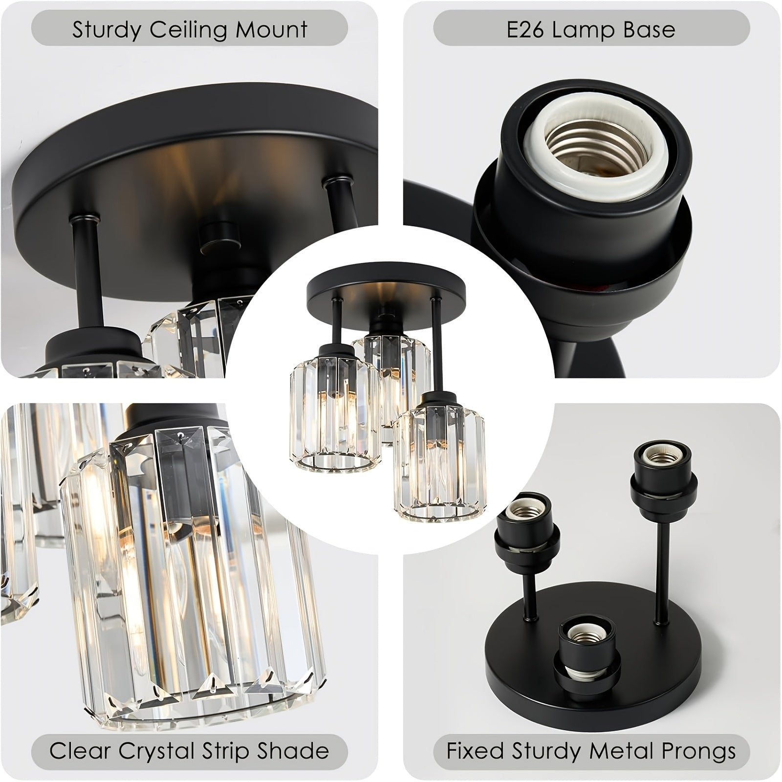 Modern semi-flush mount ceiling light, three-light crystal chandelier, E26 base pendant light, suitable for living room, dining room, bedroom, kitchen, hallway