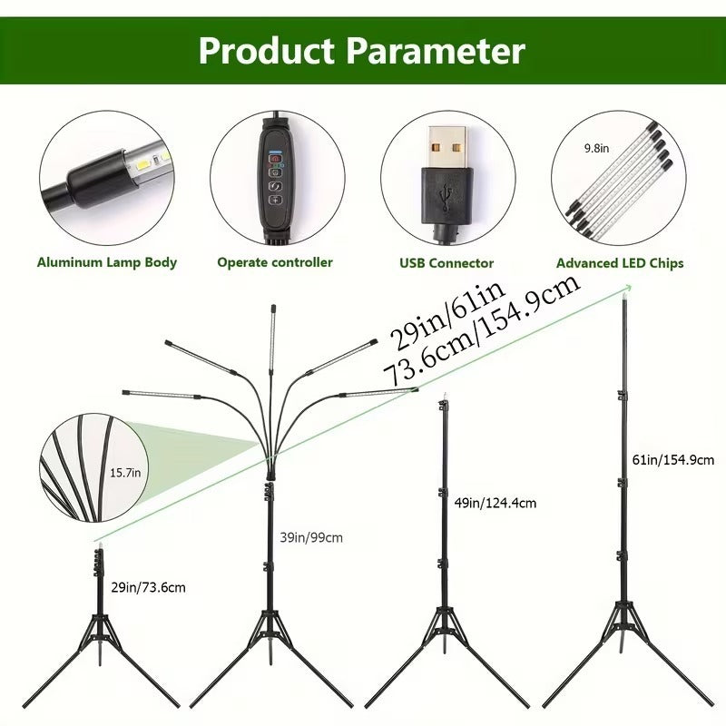 Triangle Stand Strip Plant Grow Light, 5-Head Rotatable Gooseneck Dimmable Timing Plant Light, 2.1m Height with USB Cable, Adjustable Brightness & Height, High Lumen, Indoor Supplemental Grow Light for Living Room