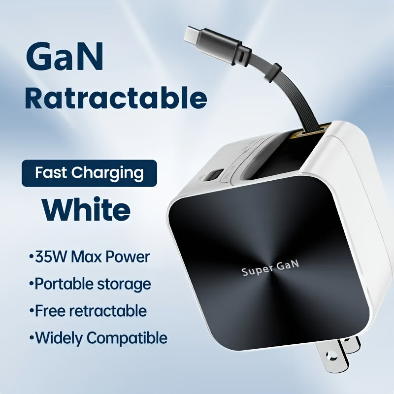 1pc 35W USB-C Fast Charging Wall Charger, With 31.5inch Retractable Cable, Compatible With IPhone 15/15 Pro/15 Pro Max, IPad, AirPods, Pixel& More, Charge Two Devices At The Same Time