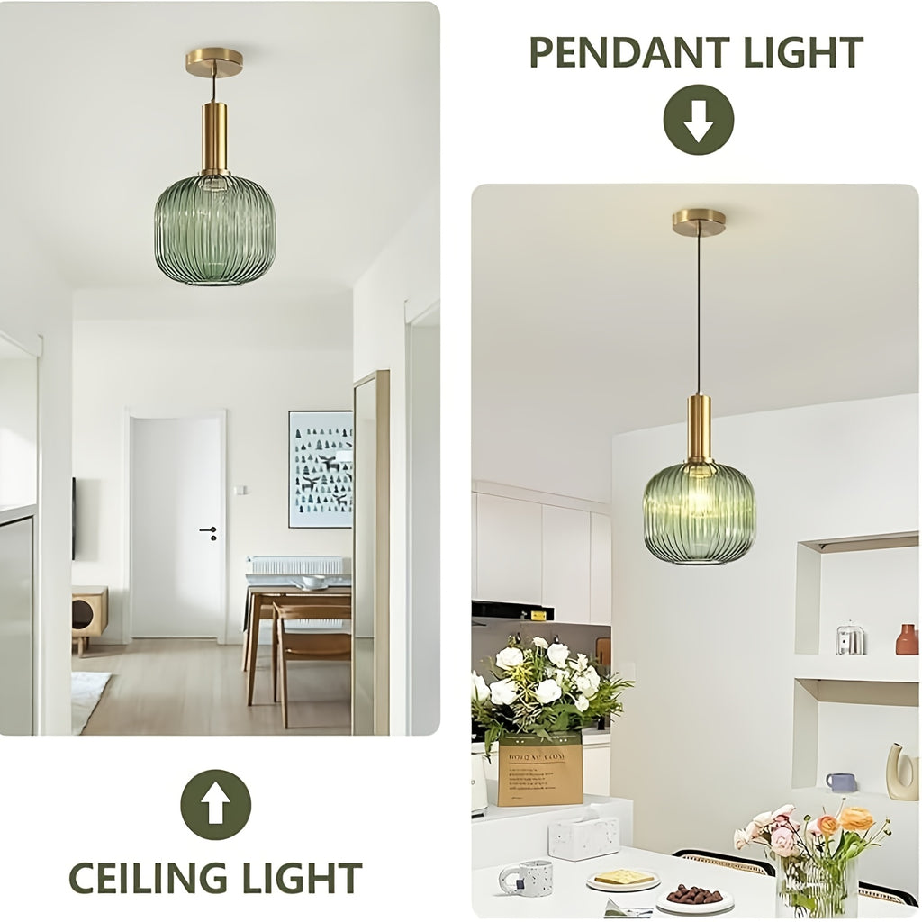 Green/Amber Modern Glass Pendant Light, 1-Light Semi-Flush Mount Ceiling Light, E26 Base Adjustable Globe Pendant Lighting, Dining Room, Kitchen Island, Porch Pendant Light (Bulb Not Included)
