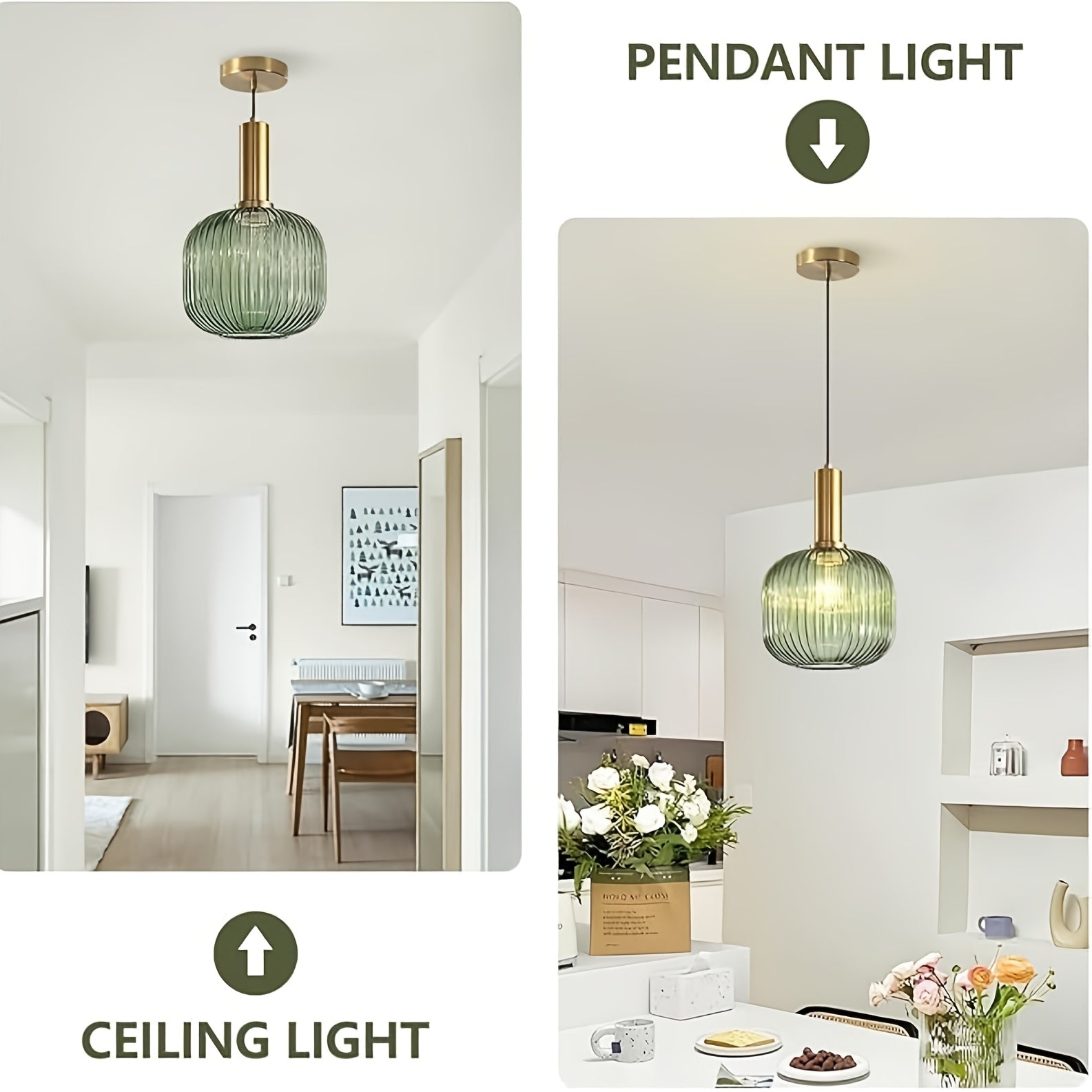 Green/Amber Modern Glass Pendant Light, 1-Light Semi-Flush Mount Ceiling Light, E26 Base Adjustable Globe Pendant Lighting, Dining Room, Kitchen Island, Porch Pendant Light (Bulb Not Included)