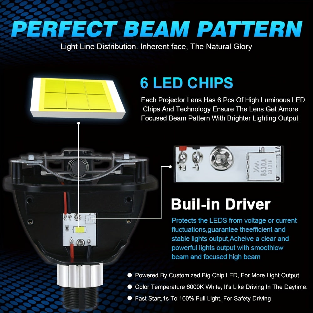2 Pcs 2.5 Inch Bi-LED Projector Lens Universal Car Headlight Bulbs 100W 40000LM High/Low Beam 6000K LED Car Light Aspherical Lens Perfect Beam Pattern for Most Headlights