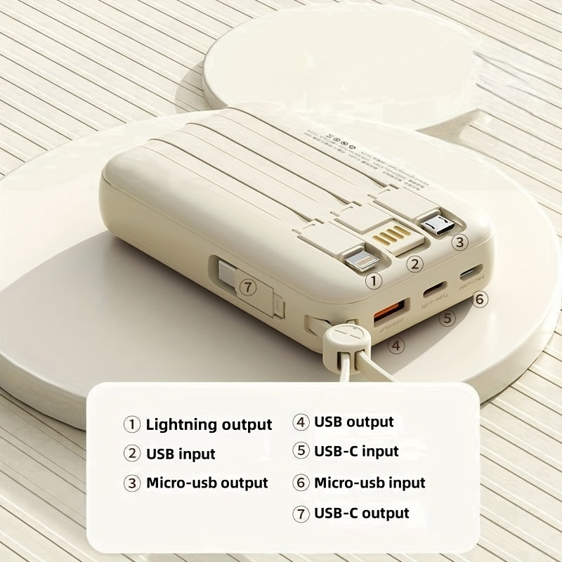 這是一款可愛設計的超薄 10000mAh 電池，提供 5-15-22.5W 超快充。它具有大容量、可充電功能，並配備四條內建充電線。