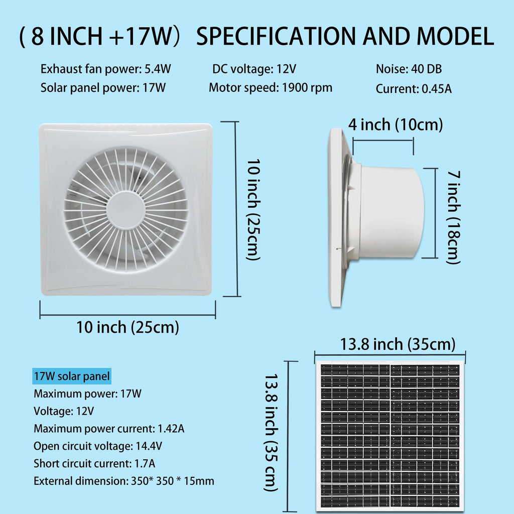 White Solar Exhaust Fan - Equipped with 6W/8W/17W Solar Panel and White High-Speed Exhaust Fan, Keeps Air Circulated and Space Cool, Ideal for Home, Greenhouse, Chicken Coop, Shed and Pet House